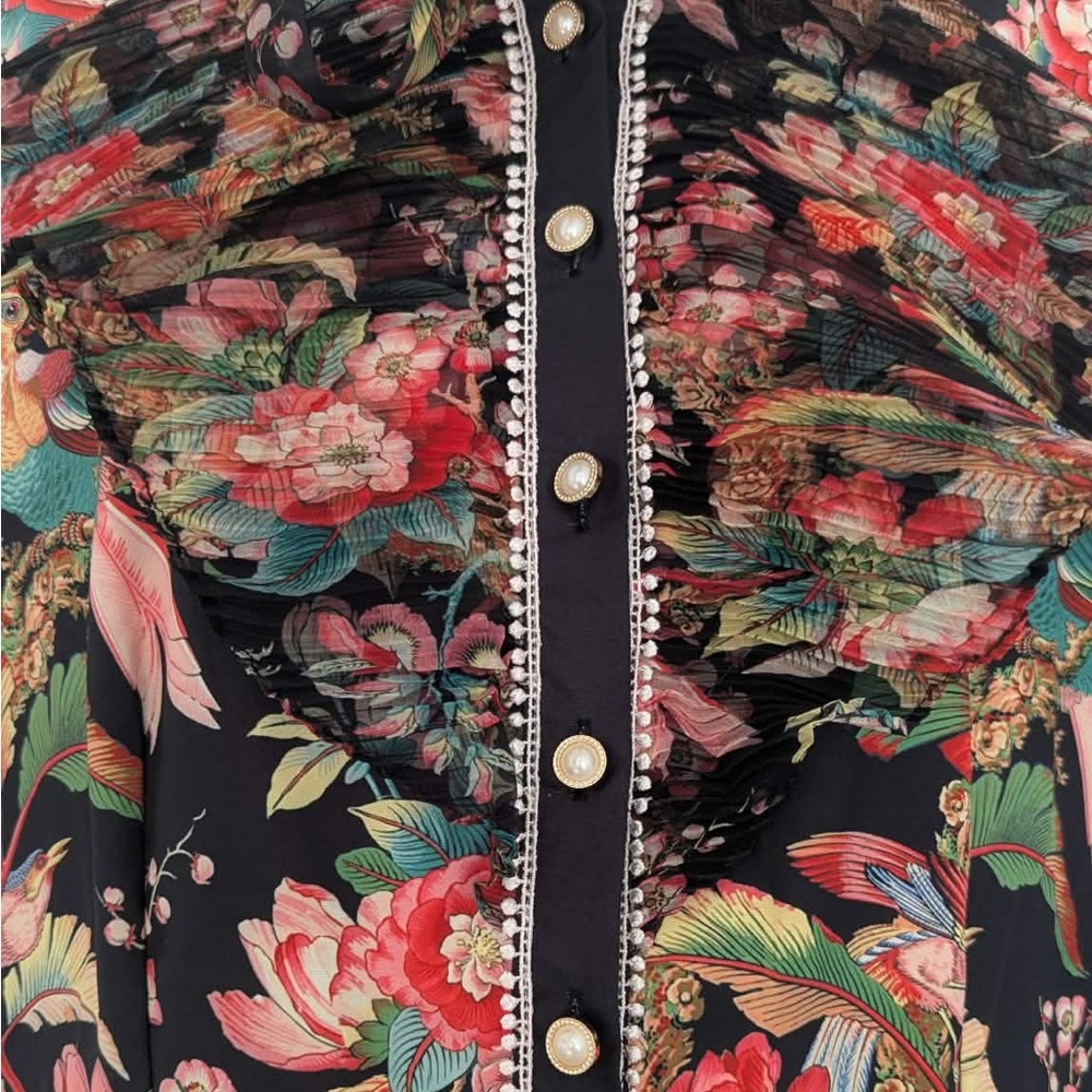 Dalia MacPhee Floral Dress XL Pleated Tie Neck Boho Romantic - Picture 6 of 13